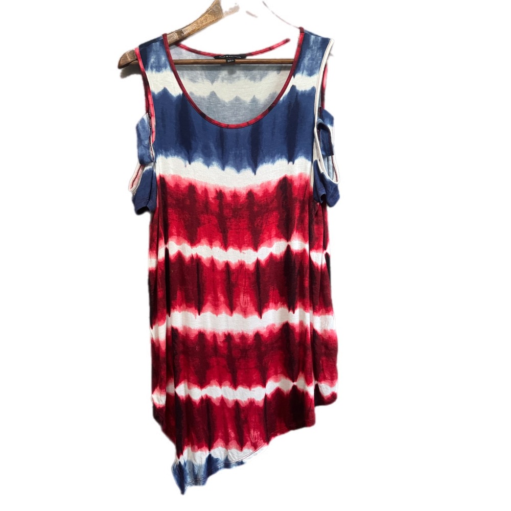 Rock & Republic Cold Shoulder Tunic Women Large Red White Blue Excellent Tie Dye